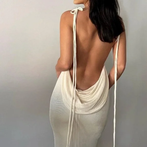 Melani Long Laces Draped Cowl Backless Maxi Dress 🕊️ - Picture 2 of 14